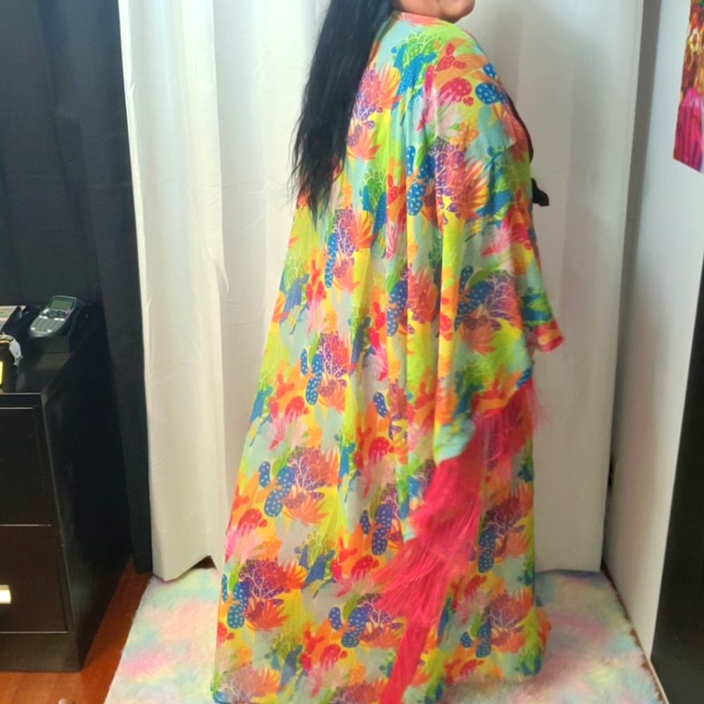 Plus Size Cactus & Fringe Oversized Full Length Kimono